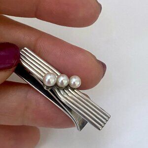 Mikimoto Akoya Pearls Tie Bar Sterling Silver Mid Century Modern Accessory